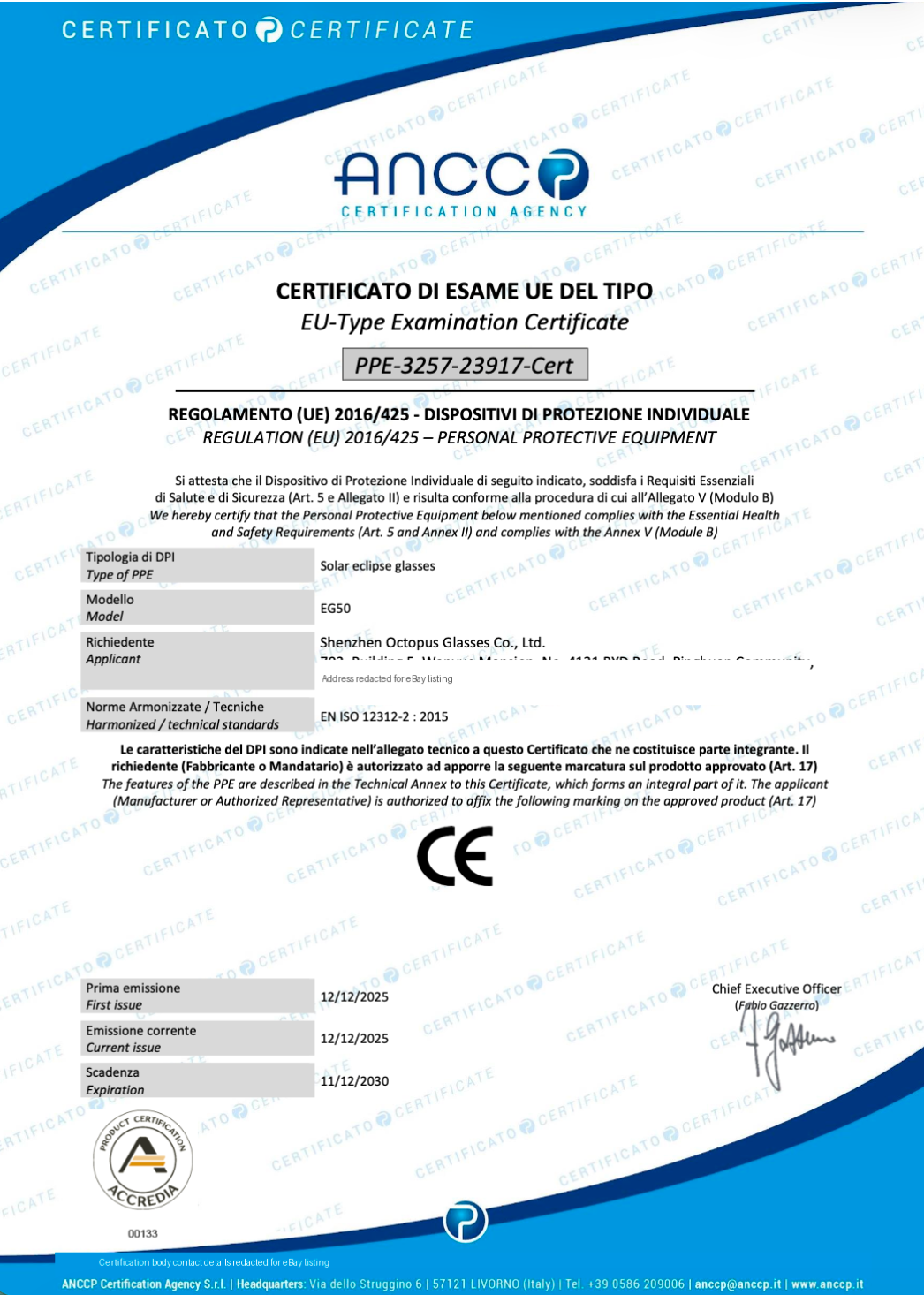 EN ISO 12312-2:2015 Certified